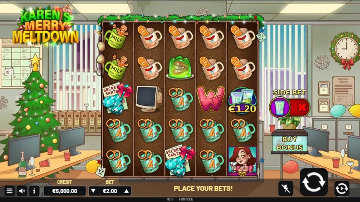 Tampilan visual slot Karen’s Merry Meltdown dengan tema pesta kantor yang kacau dan penuh warna.