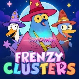 Tampilan visual grid 7x7 pada slot Frenzy Clusters dengan tema fantasi yang cerah.